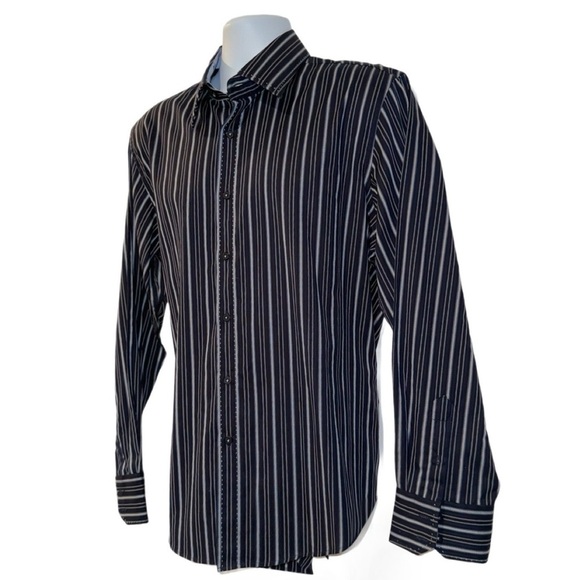 7 Diamonds Men’s Long Sleeve Button-Up Shirt Navy & Light Blue Stripe 100%Cotton - Picture 5 of 12